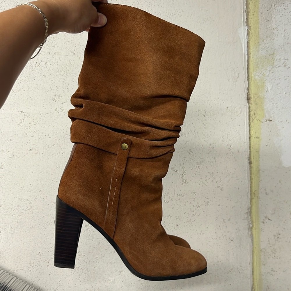 Donald J Pliner Odessa Slouch Boots Size 8M Brown Suede Stacked Heel Pull On